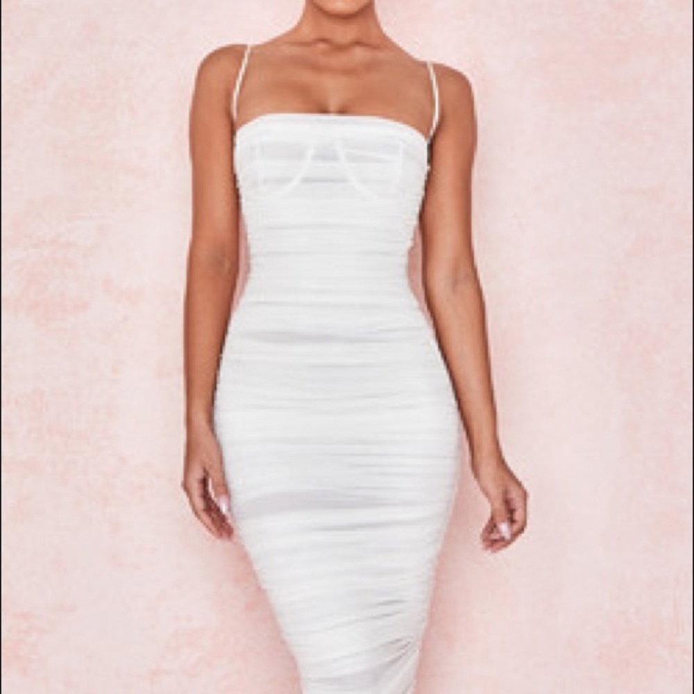 House of CB WHITE GATHERED ORGANZA MESH DRESS
